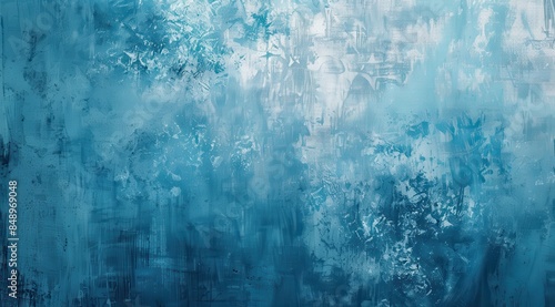 A blue and white painting with a lot of texture and splatters. The painting has a mood of chaos and disorder, with the blue and white colors blending together in a haphazard way
