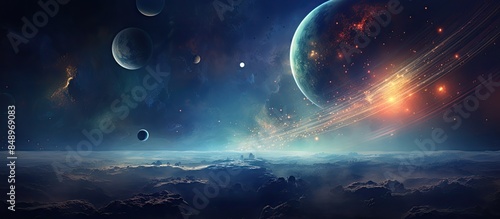 Fototapeta Naklejka Na Ścianę i Meble -  A mesmerizing landscape of planets stars and galaxies in outer space highlighting the allure of space discovery with copy space image