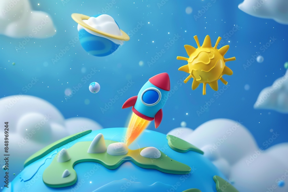 Naklejka premium 3d cartoon game icon; Earth seen from the space; rocket, sun, Saturn, Moon, education, junior school style