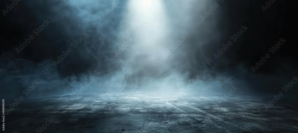 A dark, smoky, and empty room with a light shining on it. The light is creating a sense of mystery and intrigue A dark, smoky, and empty room with a light shining on it. The light is creating a sense of mystery and intrigue