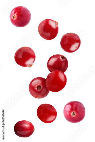 Fresh Red Cranberries Falling on a transparent background.