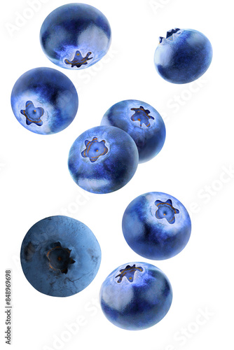 Blueberries fruits flying on transparent background