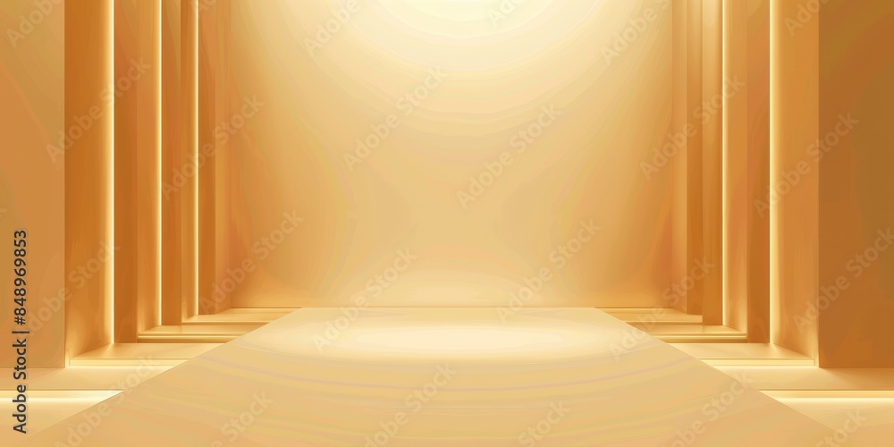 A long hallway with a gold wall and a gold floor. The hallway is empty and has a very bright and warm atmosphere A long hallway with a gold wall and a gold floor. The hallway is empty and has a very bright and warm atmosphere