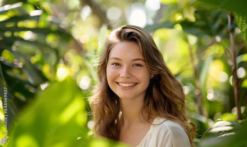 Young Woman Smiling in Lush Greenery , Generative AI Young Woman Smiling in Lush Greenery , Generative AI