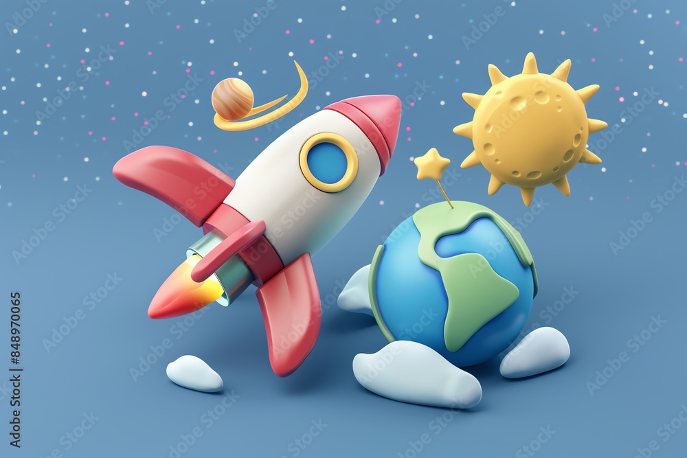3d cartoon game icon; Earth seen from the space; rocket, sun, Saturn, Moon, education, junior school style 3d cartoon game icon; Earth seen from the space; rocket, sun, Saturn, Moon, education, junior school style