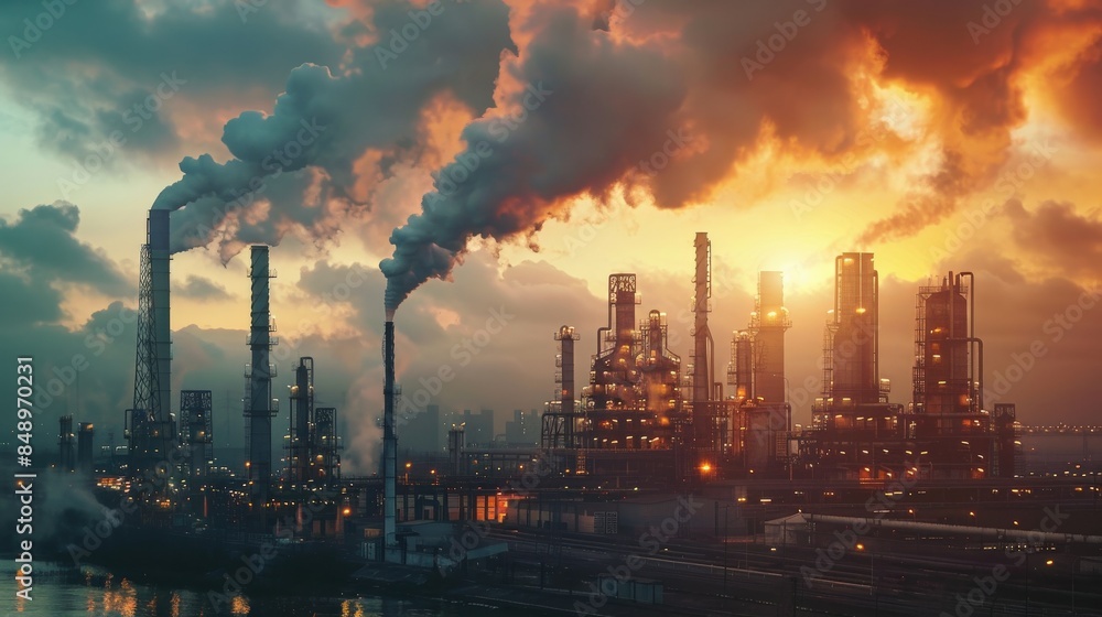 A large industrial area with smoke and clouds in the sky A large industrial area with smoke and clouds in the sky