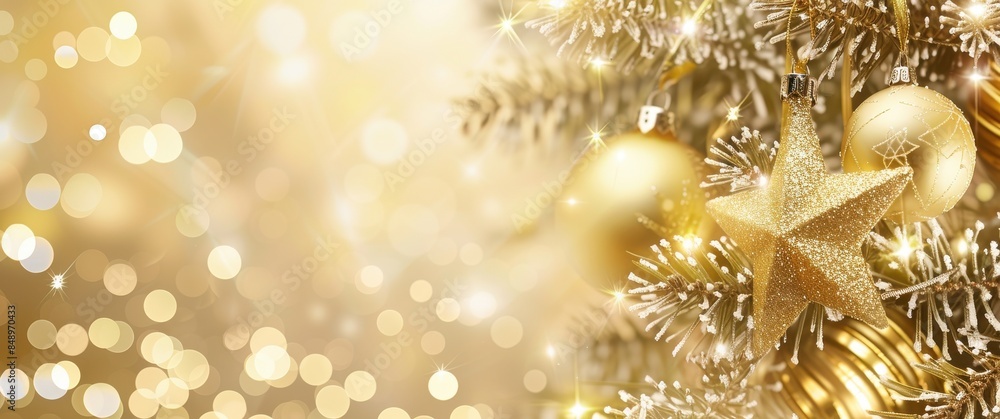 A gold star is hanging from a tree with many gold ornaments. The tree is decorated for the holidays A gold star is hanging from a tree with many gold ornaments. The tree is decorated for the holidays
