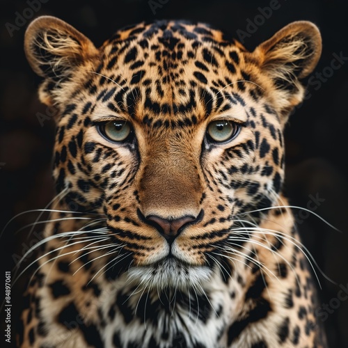 Close-Up Portrait of a Leopard Staring Intently. Leopard Face with Detailed Fur and Markings