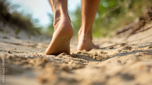 close up feet on a sandy trail on soil floor.