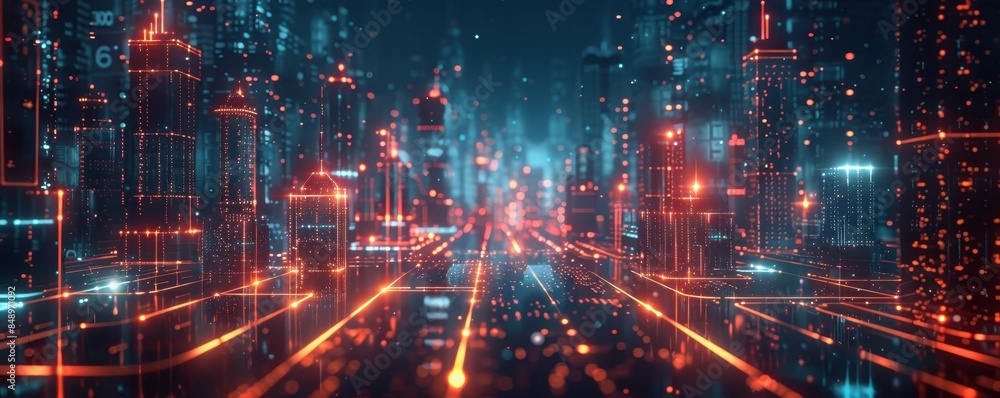 A futuristic digital cityscape illuminated by AI driven holographic displays.