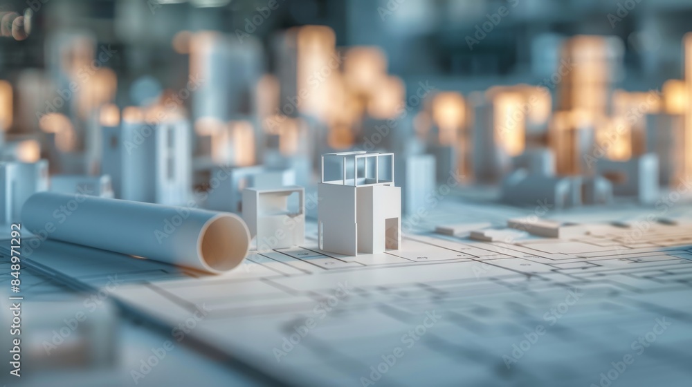 Architectural blueprint with model buildings in focus. Architectural blueprint with model buildings in focus.