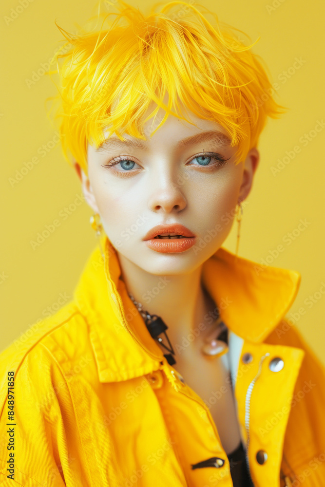 Fashion sensual girl with yellow hair and makeup. Gen Z trendy style. Fashion sensual girl with yellow hair and makeup. Gen Z trendy style.