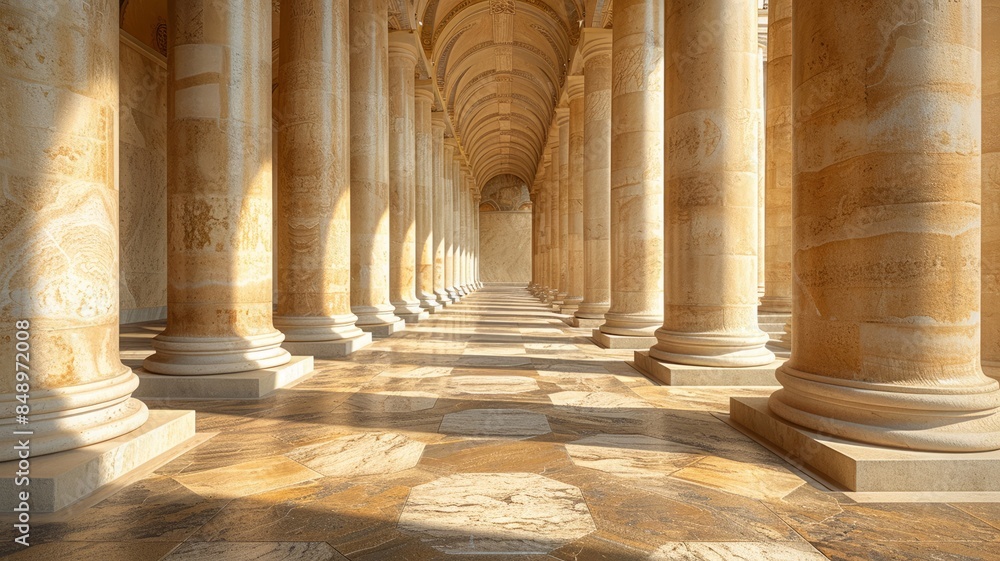 Majestic Sunlit Marble Colonnade Leading to Vanishing Point Majestic Sunlit Marble Colonnade Leading to Vanishing Point