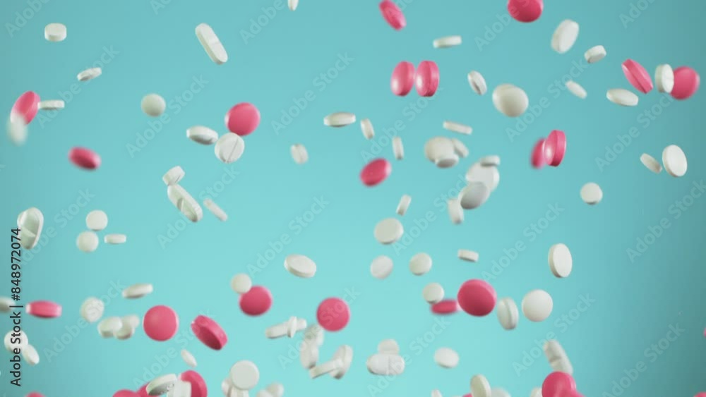 Super slow motion of falling mixed pills on blue background. Filmed on high speed cinema slow motion camera, 1000fps. Speed ramp effect. Super slow motion of falling mixed pills on blue background. Filmed on high speed cinema slow motion camera, 1000fps. Speed ramp effect.