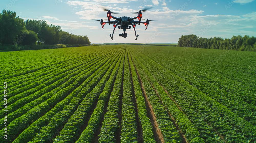 A drone is flying over a field of green plants A drone is flying over a field of green plants