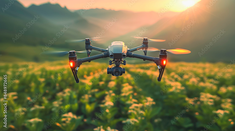 A drone is flying over a field of green grass. The sky is orange and the sun is setting A drone is flying over a field of green grass. The sky is orange and the sun is setting