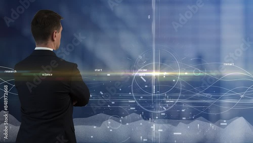 A man thought about the coordinate system and pie charts in the background to which light waves move and graphs grow. Scientific developments and technological research in the physics of processes. Cg