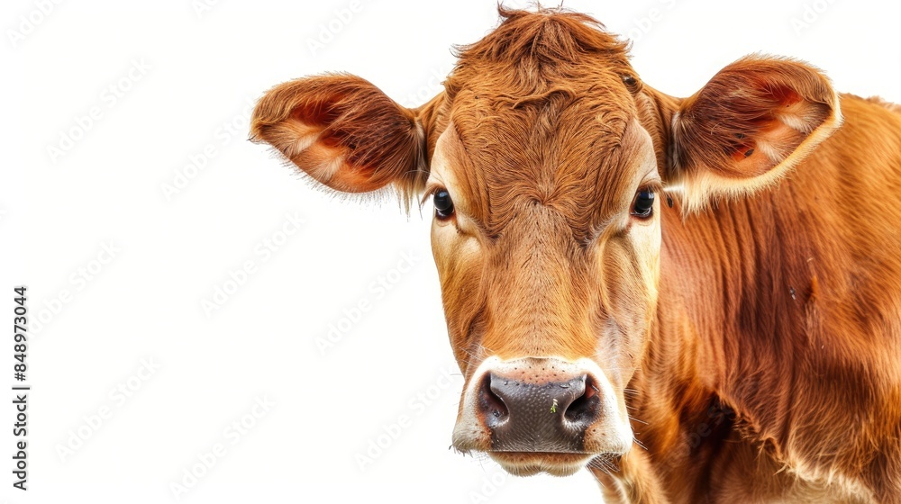 Brown cow with black nose isolated on white background innocent expression Brown cow with black nose isolated on white background innocent expression