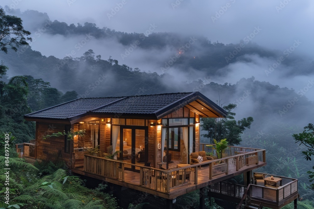 Obraz premium Resort with a wooden deck and a view of the mountains. rain season travel