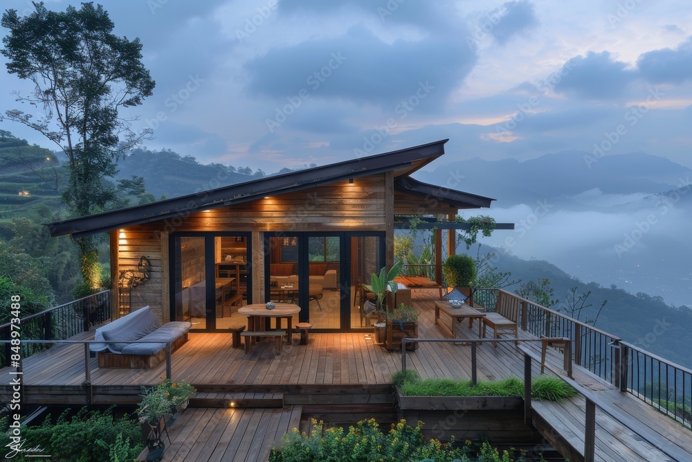 Resort with a wooden deck and a view of the mountains. rain season travel Resort with a wooden deck and a view of the mountains. rain season travel