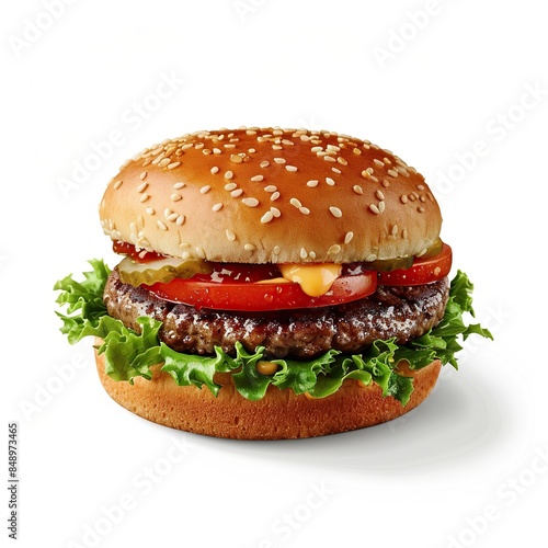 One Hamburger on white background. Street food. Created with Generative AI