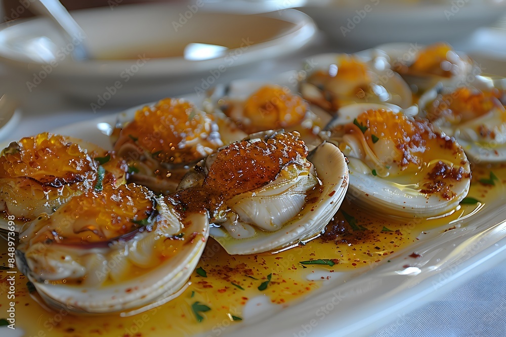 Gourmet Plated Steamed Clams with Seasoned Sauce and Garnish - Ideal for Culinary Blogs and Foodie Magazines Gourmet Plated Steamed Clams with Seasoned Sauce and Garnish - Ideal for Culinary Blogs and Foodie Magazines