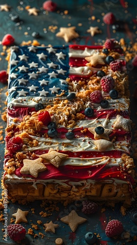 Patriotic American Flag Cake with Vibrant Red White and Blue Layered Design © Bos Amico