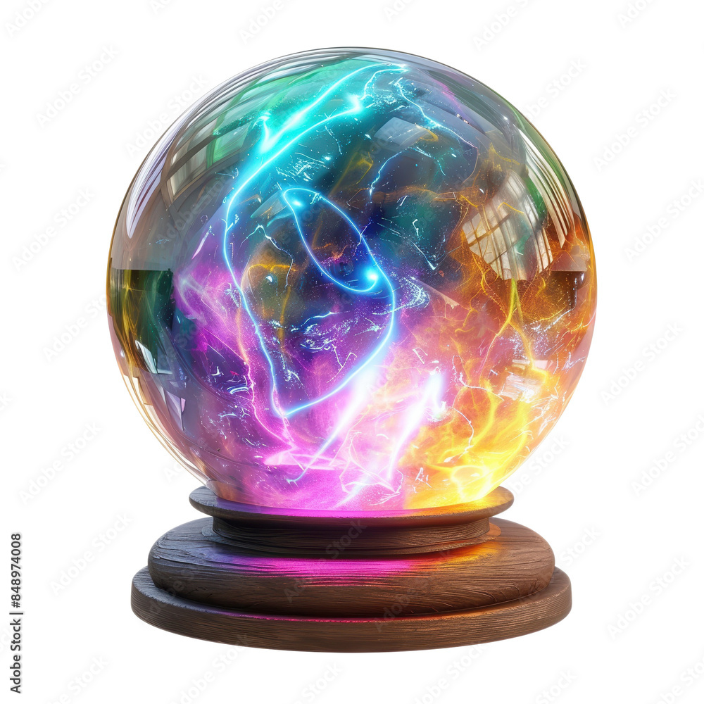 Vibrant, glowing crystal ball with mystical lightning and colorful energy inside, resting on a wooden base. Futuristic and magical ambiance. Vibrant, glowing crystal ball with mystical lightning and colorful energy inside, resting on a wooden base. Futuristic and magical ambiance.
