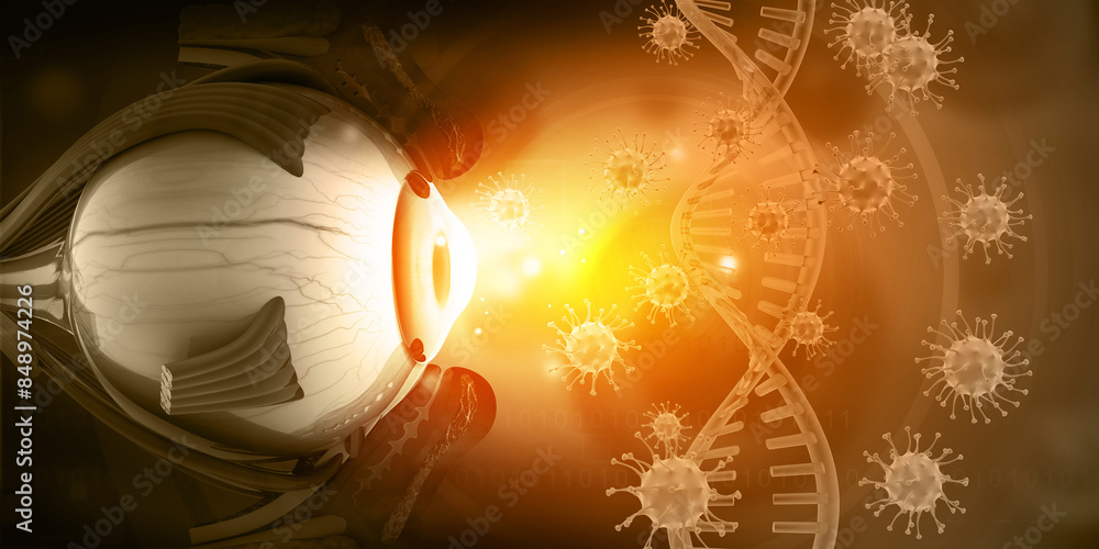 Human eye anatomy with DNA and virus background. 3d illustration ...