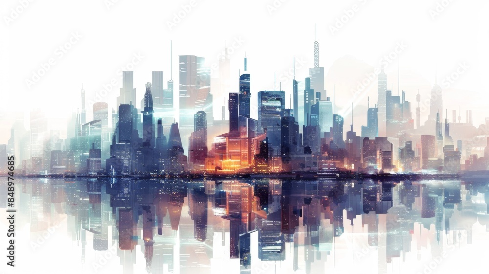 digital image of futuristic city on white background
