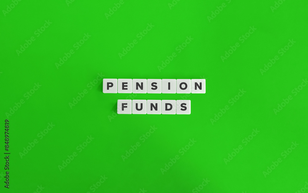 Pension Funds Banner. Text on Block Letter Tiles on Flat Background with Copy Space. Minimal Aesthetics. Pension Funds Banner. Text on Block Letter Tiles on Flat Background with Copy Space. Minimal Aesthetics.