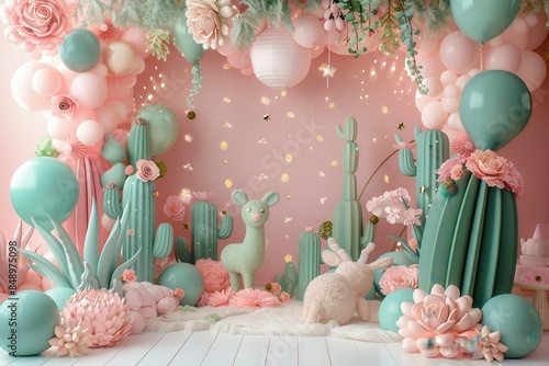 A colorful room with a rainbow balloon arch and a couch. Celebrate Party backdrop