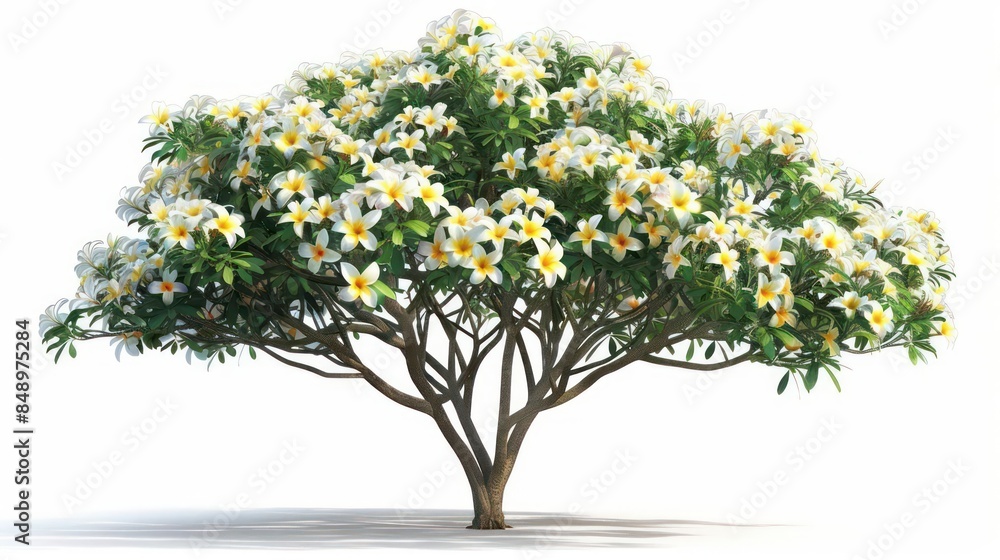 Fototapeta premium A charming frangipani tree with fragrant white and yellow flowers isolated on a white background