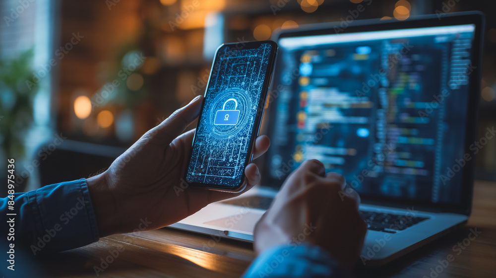 A person is holding a cell phone and laptop, with the phone displaying a security lock icon. The laptop screen shows a computer program with a blue background. Concept of technology and security A person is holding a cell phone and laptop, with the phone displaying a security lock icon. The laptop screen shows a computer program with a blue background. Concept of technology and security