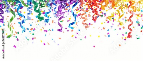 A cheerful Pride Day scene with colorful confetti and rainbow streamers cascading against a white background, perfect for a festive banner