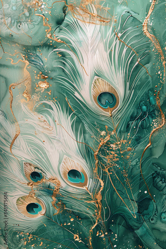 A painting of a peacock with gold and green feathers