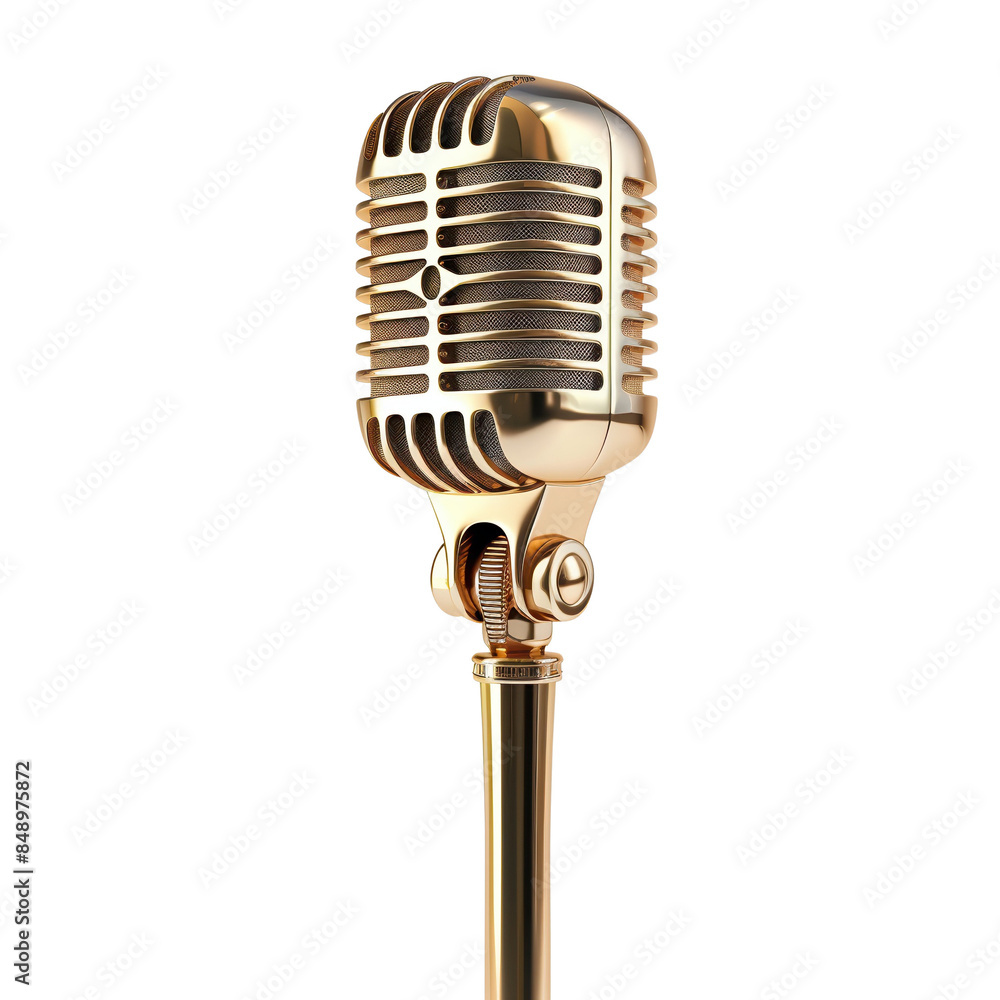 Fototapeta premium Gold vintage microphone on stand isolated on white background, ideal for podcast, radio show, or musical performance stock photo.