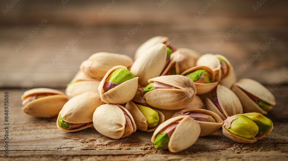 Pile of Partially Shelled Pistachios on Rustic Wooden Table Pile of Partially Shelled Pistachios on Rustic Wooden Table