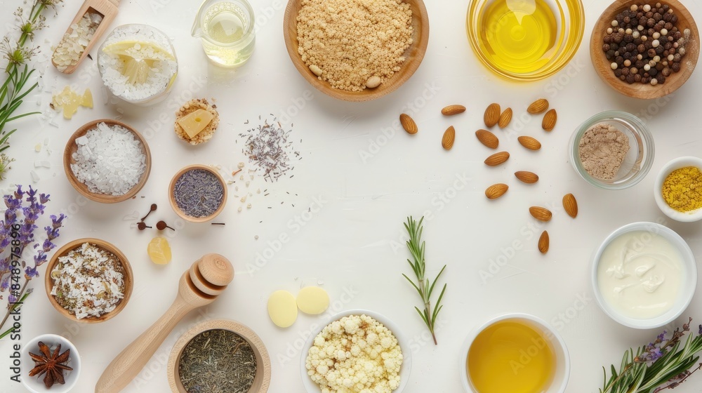 Top view of spa ingredients displayed on a white table