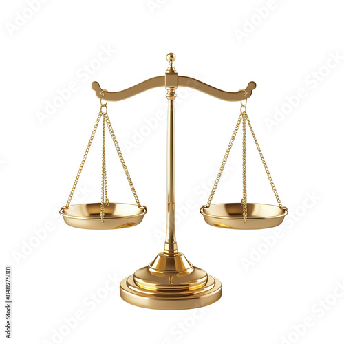 Golden justice scale on white background symbolizing law, balance, fairness, and equality. Perfect for legal, educational, or business use.