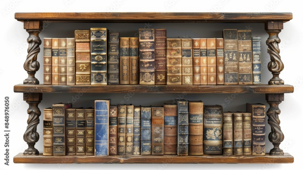 Stock neatly arranged bookshelf isolated on white background Stock neatly arranged bookshelf isolated on white background