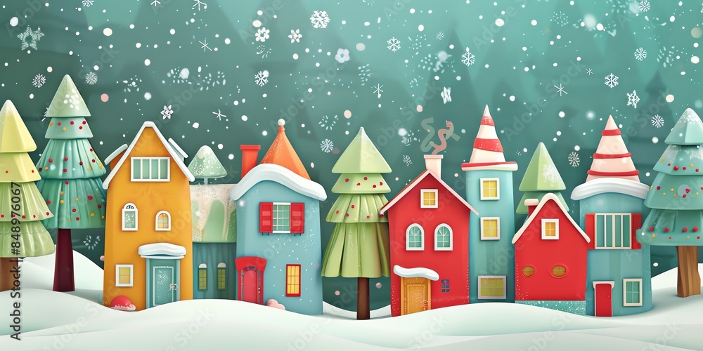 3d, a greeting card with houses and trees in the snow, colorful cartoon illustration of smiling characters, bold lines, simple shapes, flat design, textured illustrations, Christmas theme, 3d, a greeting card with houses and trees in the snow, colorful cartoon illustration of smiling characters, bold lines, simple shapes, flat design, textured illustrations, Christmas theme,