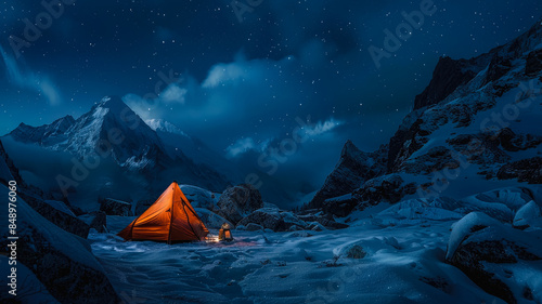 View of snowy mountains with bright orange camping tent in night scene with starry sky © boxstock production
