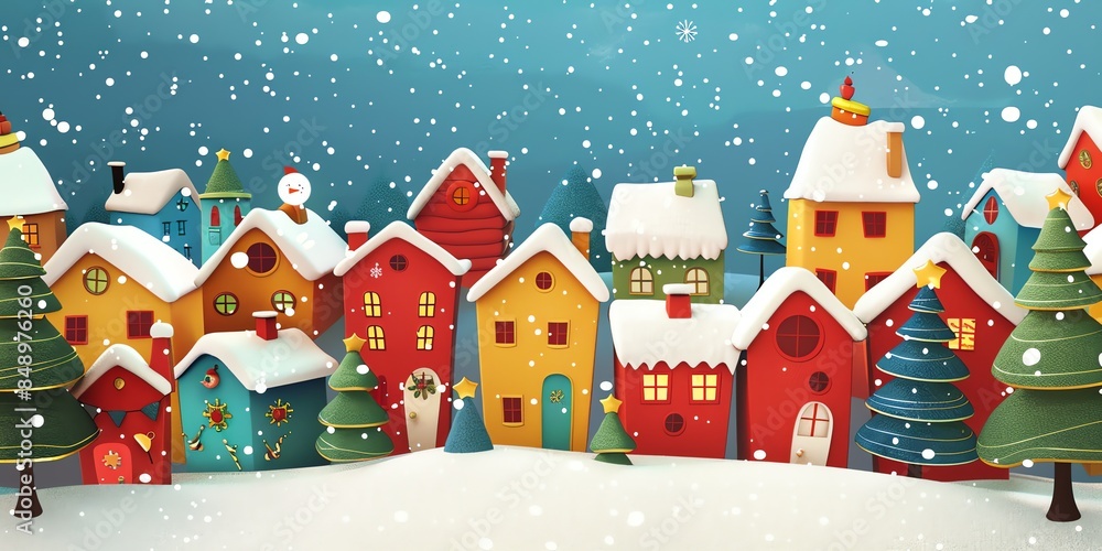 3d, a greeting card with houses and trees in the snow, colorful cartoon illustration of smiling characters, bold lines, simple shapes, flat design, textured illustrations, Christmas theme, 3d, a greeting card with houses and trees in the snow, colorful cartoon illustration of smiling characters, bold lines, simple shapes, flat design, textured illustrations, Christmas theme,