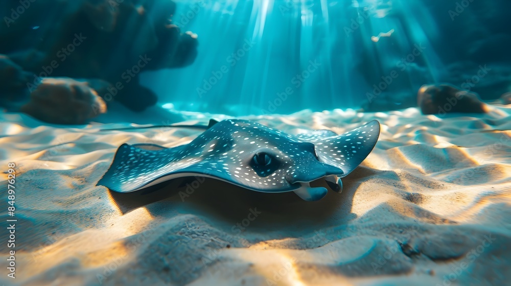 Fototapeta premium Graceful Stingray Gliding Over Sandy Seabed with Dappled Sunlight Above Ocean and Marine Life Concept