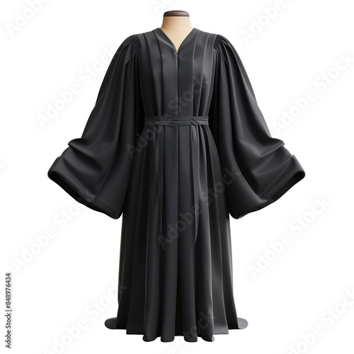 Elegant black judge's robe with flowing sleeves and a belted waist, ideal for courtroom appearances and legal professionals.