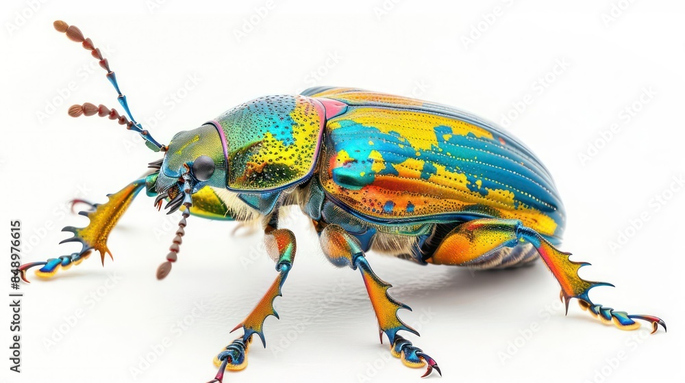 Naklejka premium A colorful beetle with a shiny carapace and detailed legs isolated on a white background