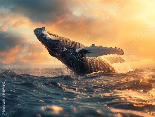 Majestic Humpback Whale Breaching Amidst Splashing Ocean Waves and Vibrant Sunlit Skies © Thares2020