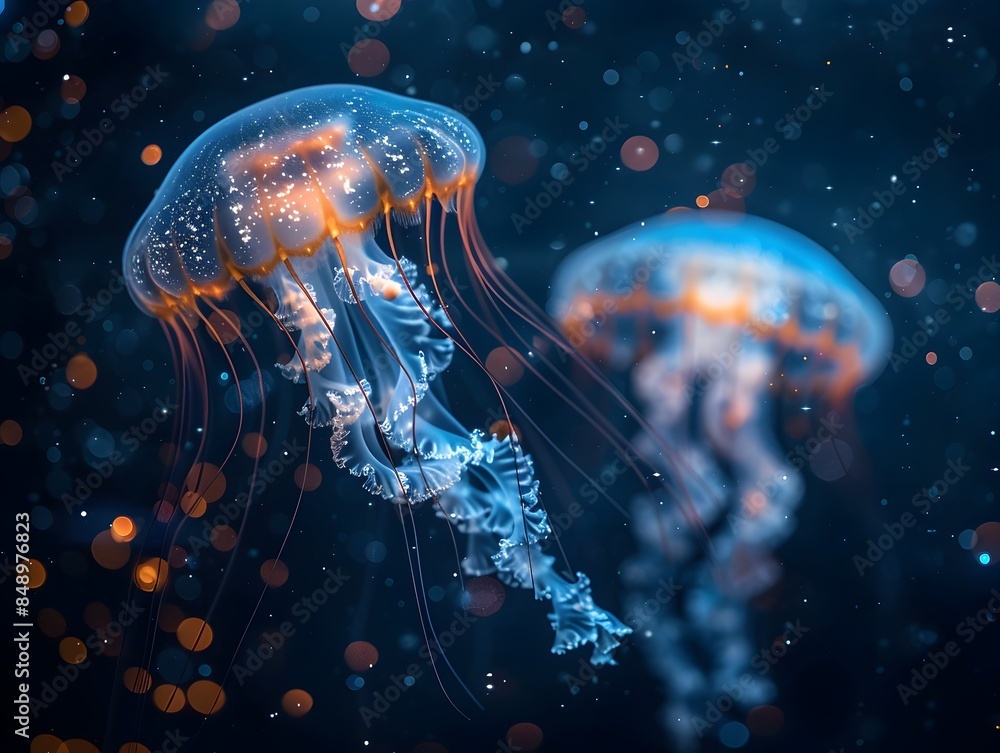 Naklejka premium Ethereal Glowing Jellyfish Drifting Through Dark Ocean Waters with Bioluminescent Tentacles