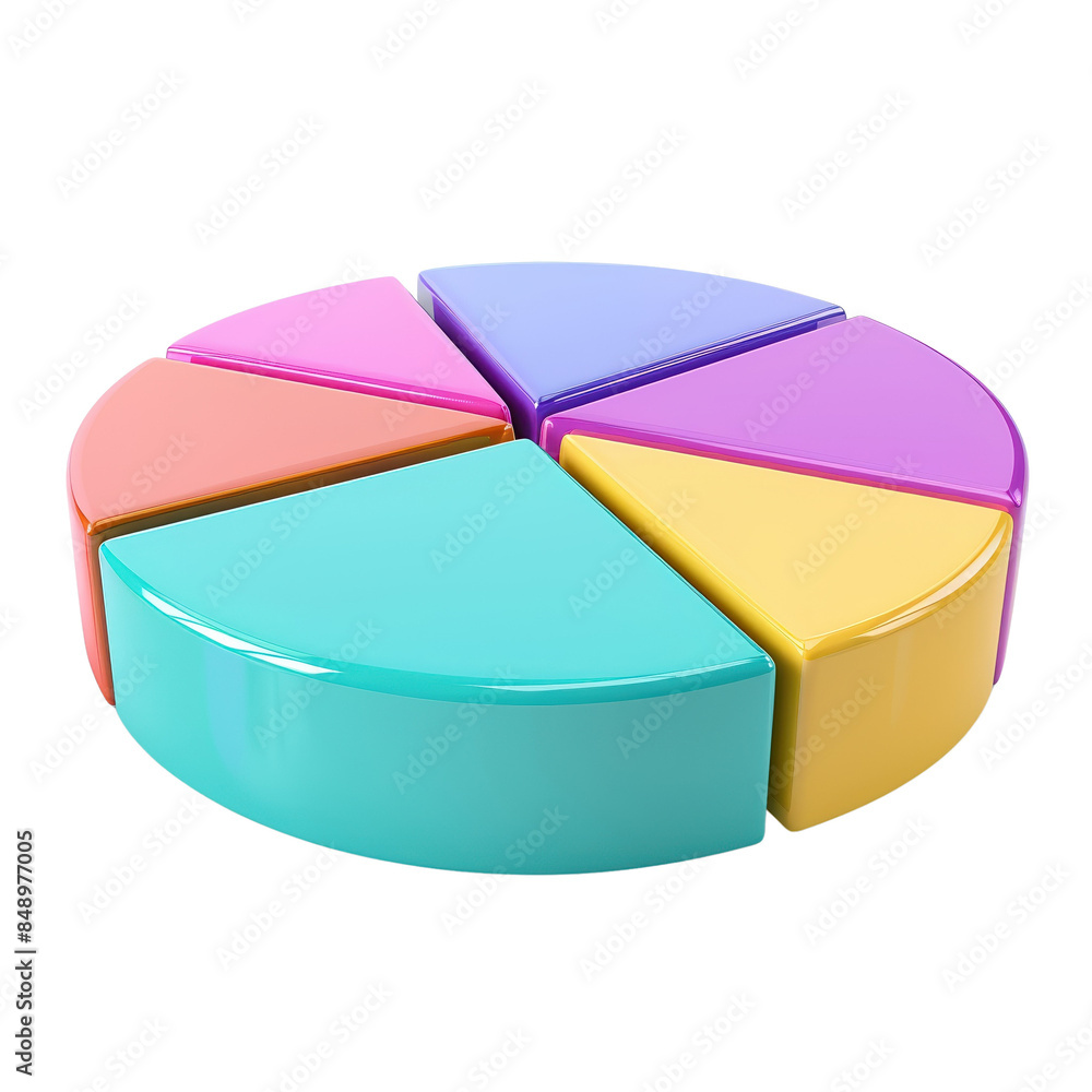 Colorful 3D pie chart with six segments in pastel shades. Ideal for data visualization, business reports, and presentations. Colorful 3D pie chart with six segments in pastel shades. Ideal for data visualization, business reports, and presentations.